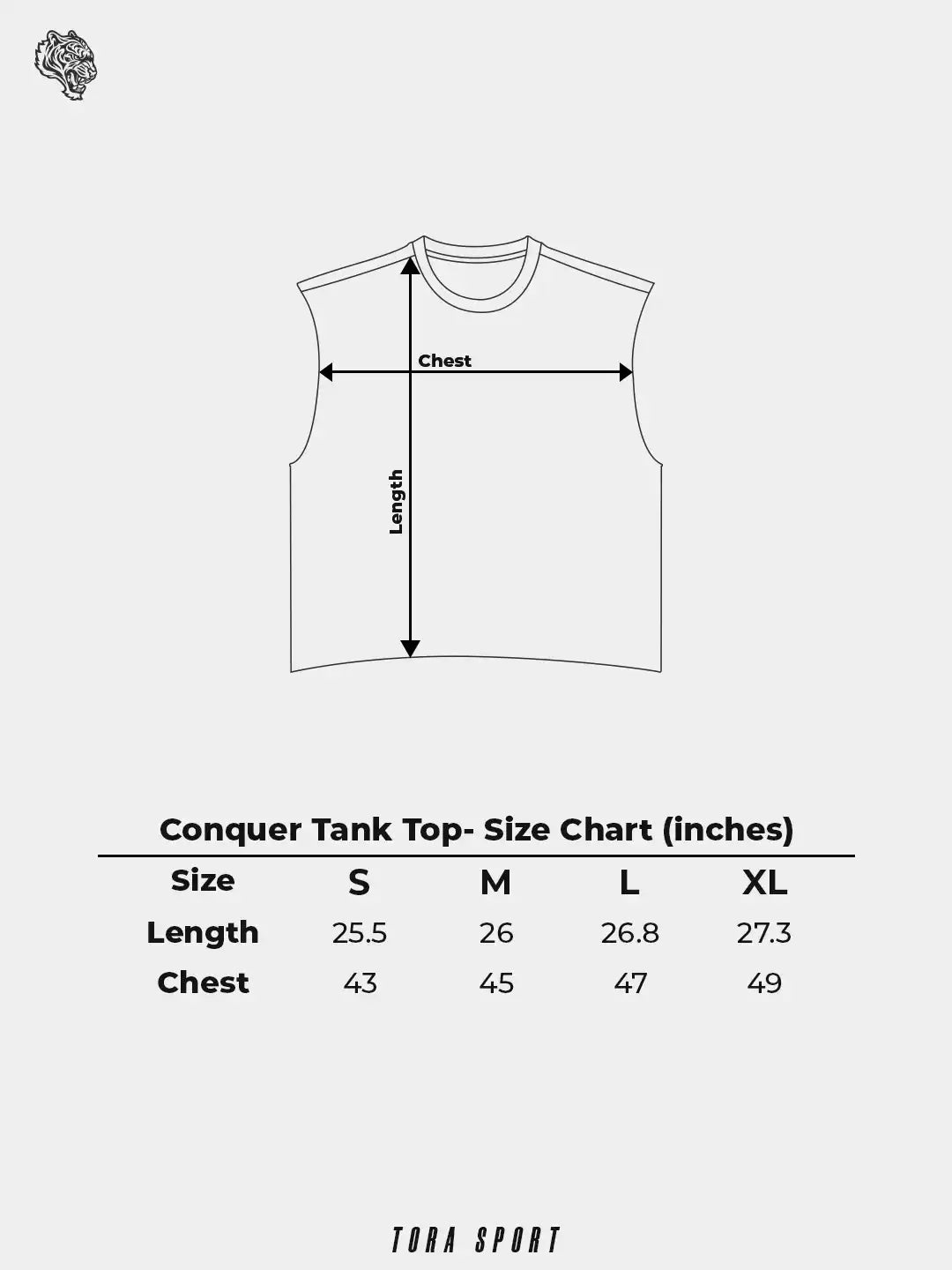 Conquer tank top size chart with chest and length measurements for S to XL.